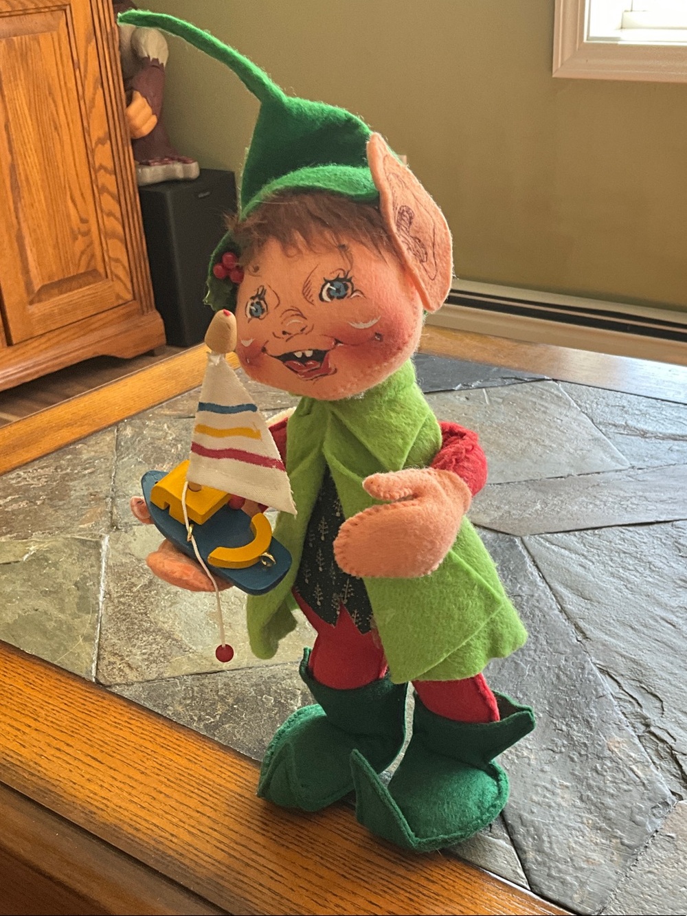Annalee Green Elf Doll with Multicolor Sailboat